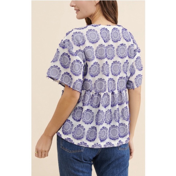 Anthropologie Maeve Floral Sunburst Surplice Peplum Blouse Boho Blue XS - Picture 2 of 11